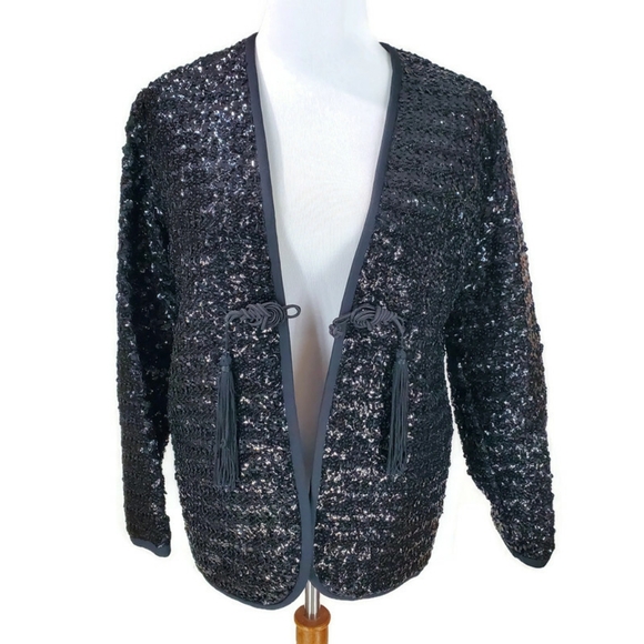 Vintage Henry Higgins Solid Black Sequin Fully Lined Evening Jacket New Year's - Picture 4 of 11